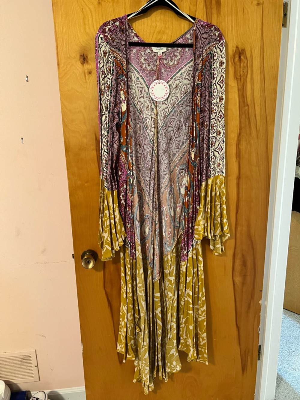 Umgee Mixed-Print Long Sleeve Maxi Duster Kimono in Purple and Mustard - Picture 2 of 6